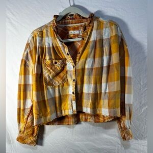 Free People James Golden Yellow Plaid Bohemian Oversized. Shirt Jacket Size XS